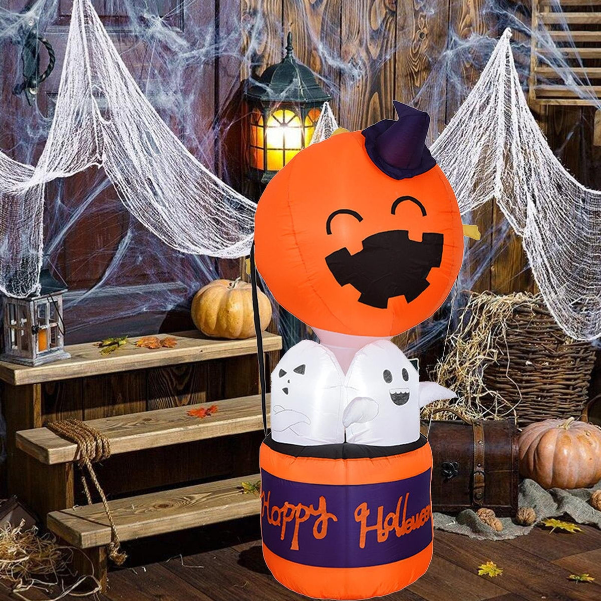 Kids' Halloween Outdoor Decoration Inflatable Blow Up Pumpkin Hot Air Balloon with Ghost and LED Lights