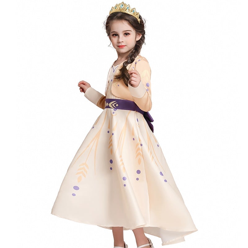 Kids' Halloween Princess Costume Dress with Long Sleeves and Purple Sash Bow