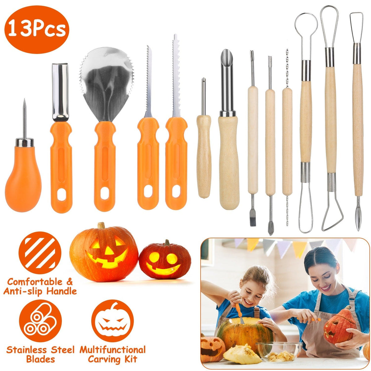 Kids' Halloween Pumpkin Carving Kit and Tools with Stainless Steel Saws and Sculpting for Supplies