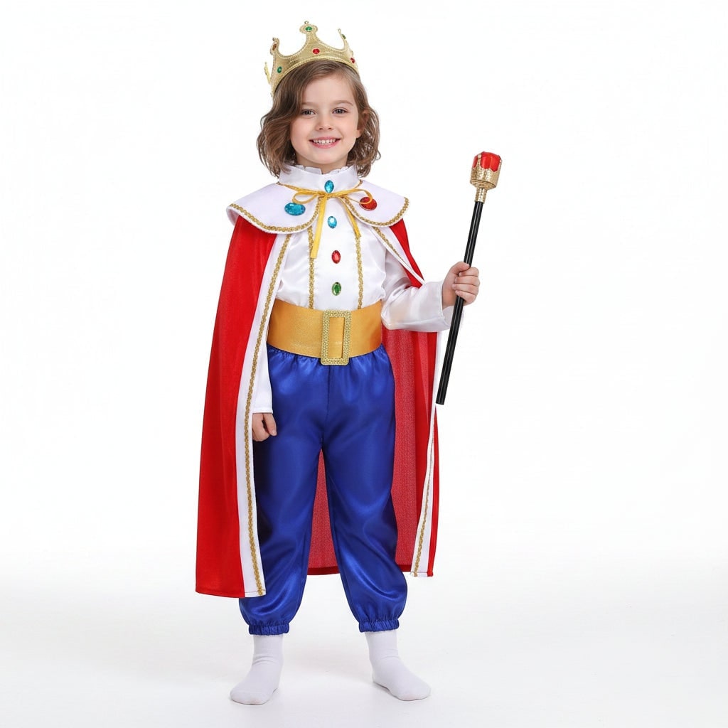 Kids' Halloween Royal Prince Costume Set with Gold Crown Scepter and Red Cape