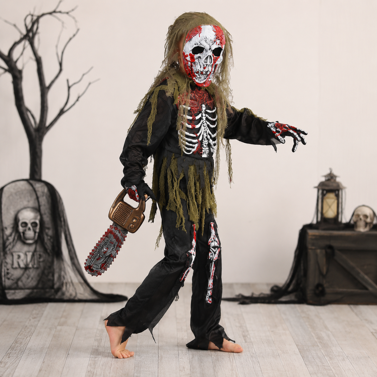 Kids' Halloween Zombie Skeleton Costume with Mask and Gloves for Scary Party Dress-Up
