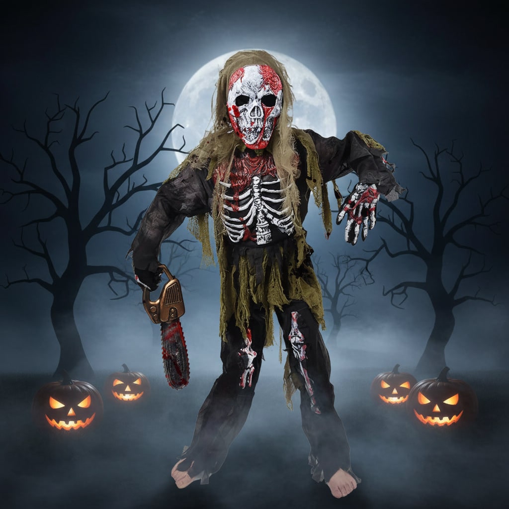 Kids' Halloween Zombie Skeleton Costume with Skull Mask and Gloves Three-Piece Set