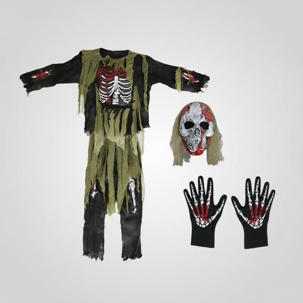 Kids' Halloween Zombie Skeleton Costume with Skull Mask and Gloves Three-Piece Set