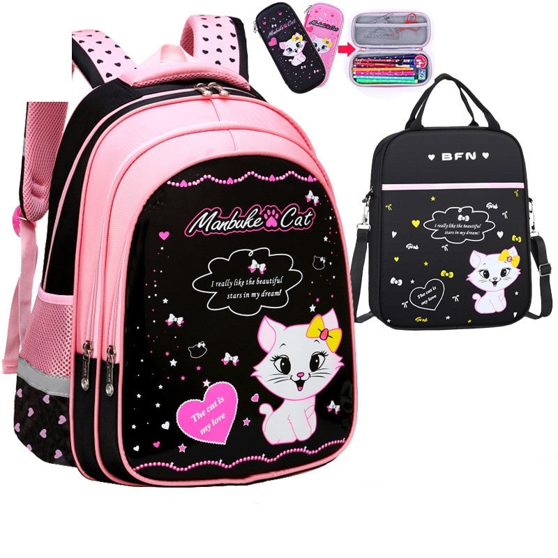 Kids' Lunch Box Backpack Set with Matching Pencil Case Cartoon Cat Print Waterproof and Bag Combo