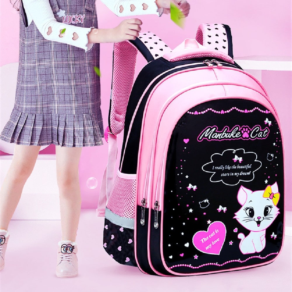 Kids' Lunch Box Backpack Set with Matching Pencil Case Cartoon Cat Print Waterproof and Bag Combo