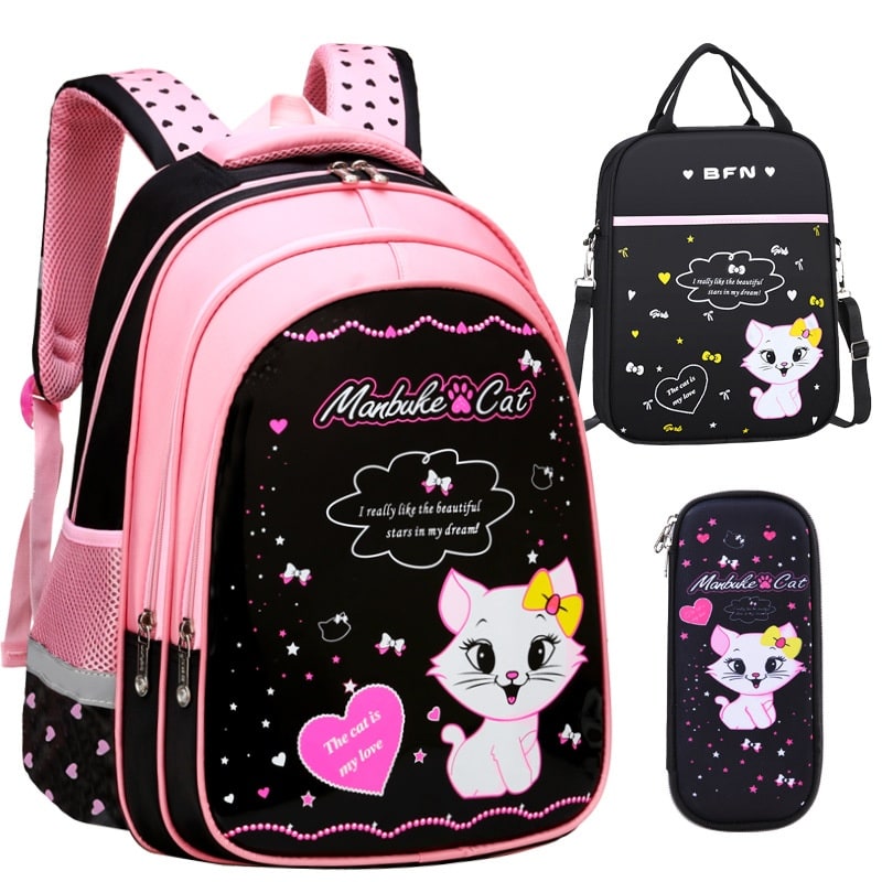 Kids' Lunch Box Backpack Set with Matching Pencil Case Cartoon Cat Print Waterproof and Bag Combo