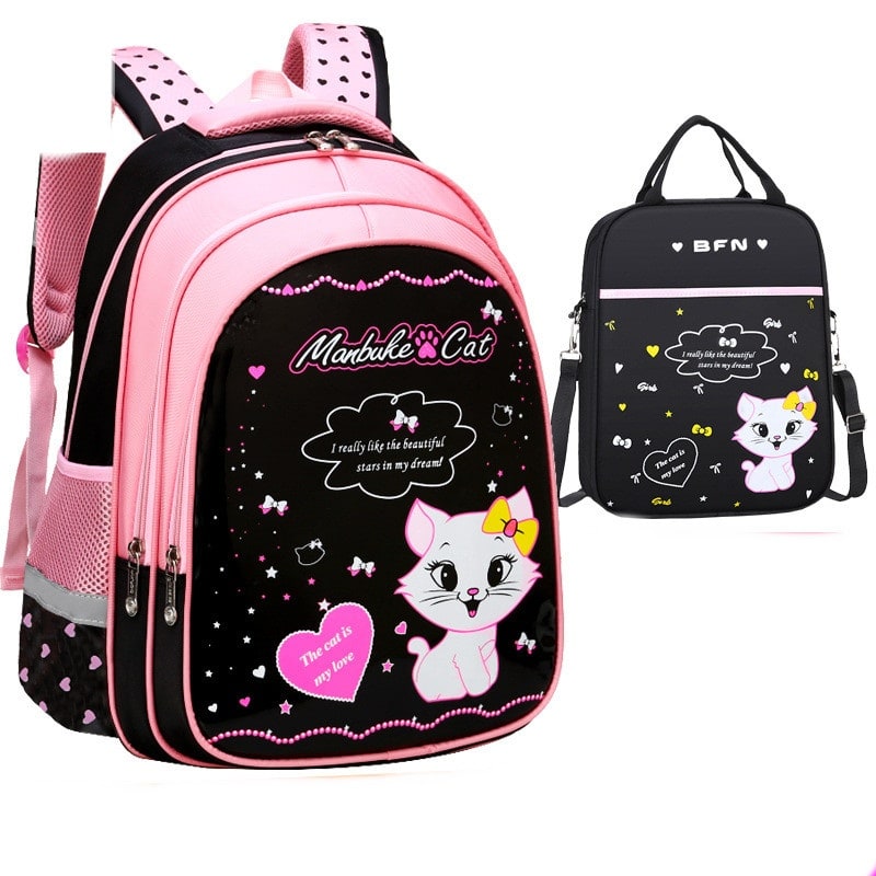 Kids' Lunch Box Backpack Set with Matching Pencil Case Cartoon Cat Print Waterproof and Bag Combo