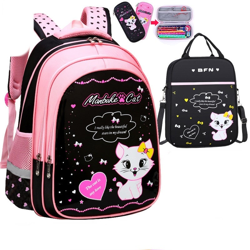 Kids' Lunch Box Backpack Set with Matching Pencil Case Cartoon Cat Print Waterproof and Bag Combo