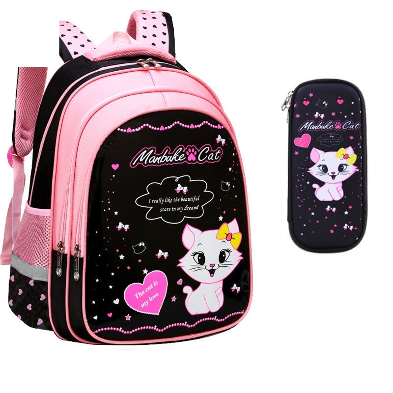 Kids' Lunch Box Backpack Set with Matching Pencil Case Cartoon Cat Print Waterproof and Bag Combo