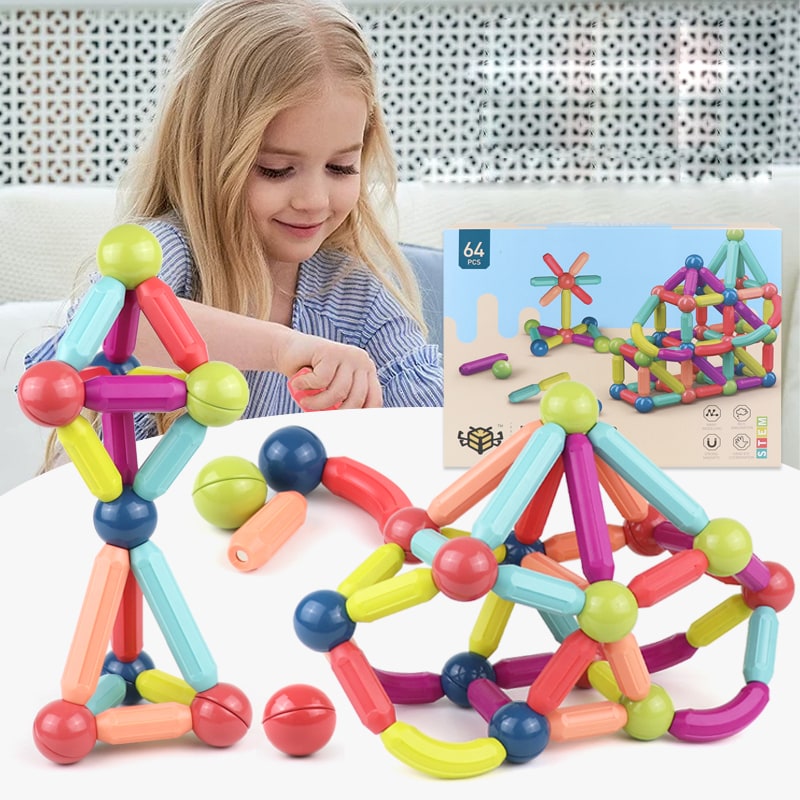 Kids' Magnetic Building Blocks and Cubes with Sticks and Balls Stem Construction Toy Set
