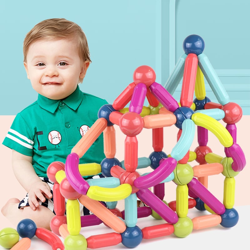 Kids' Magnetic Building Blocks and Cubes with Sticks and Balls Stem Construction Toy Set