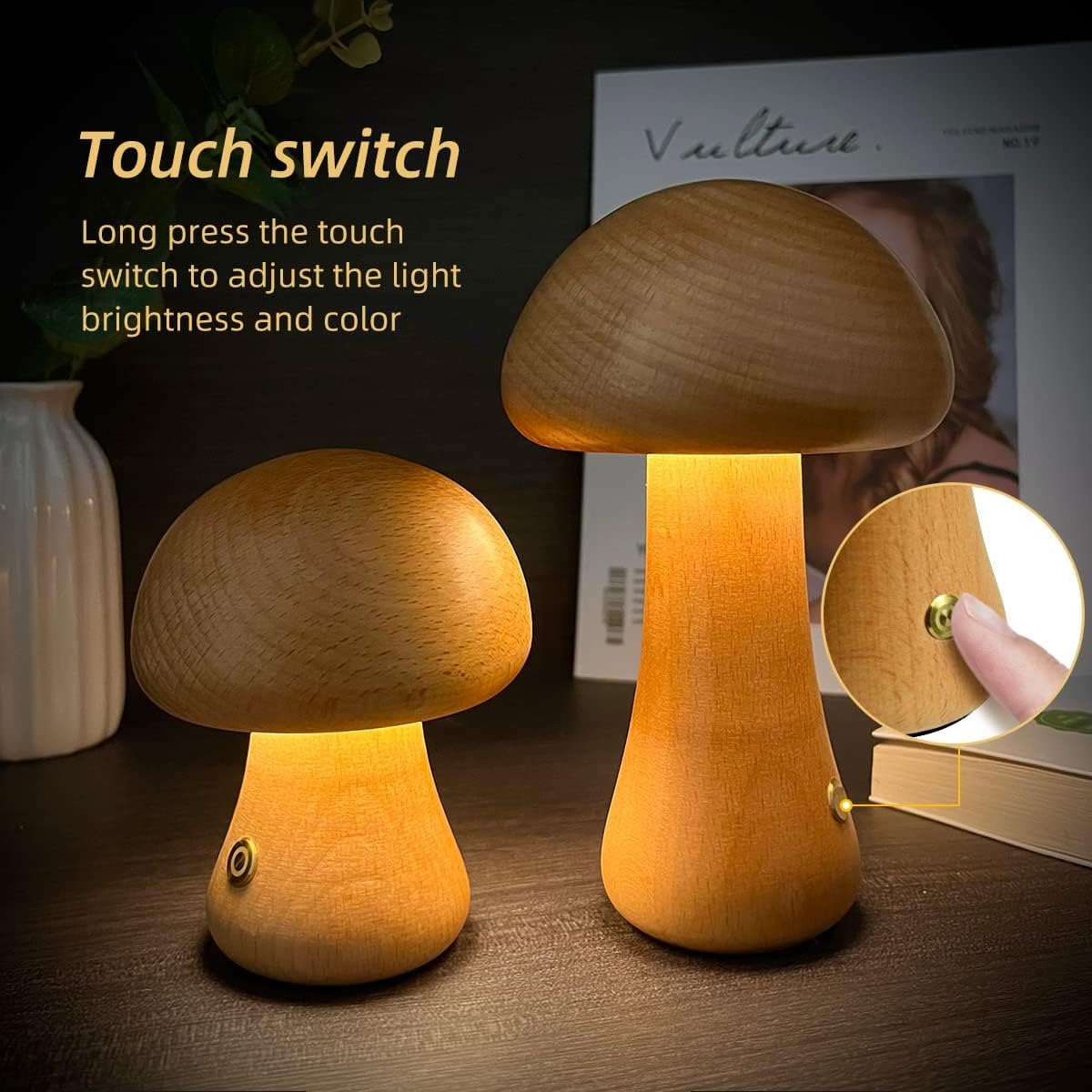 Kids' Mushroom Night Light and Lamp for Bedroom with Wooden Touch Control LED Bedside Table