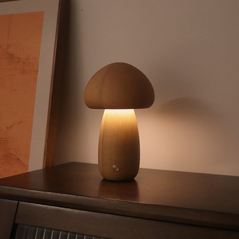 Kids' Mushroom Night Light and Lamp for Bedroom with Wooden Touch Control LED Bedside Table