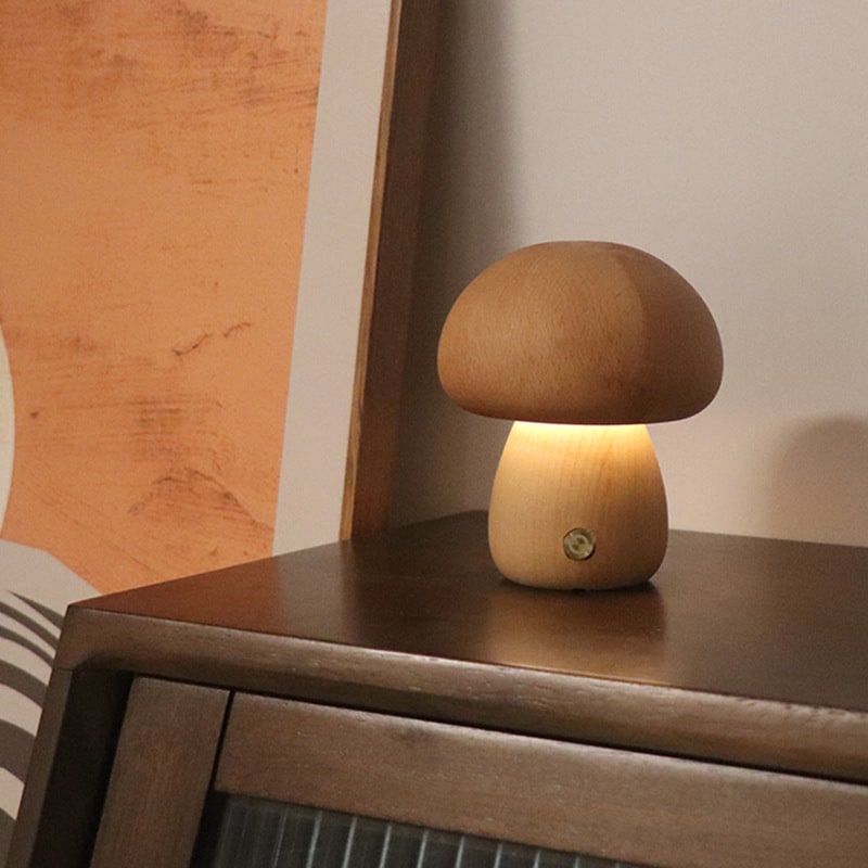 Kids' Mushroom Night Light and Lamp for Bedroom with Wooden Touch Control LED Bedside Table