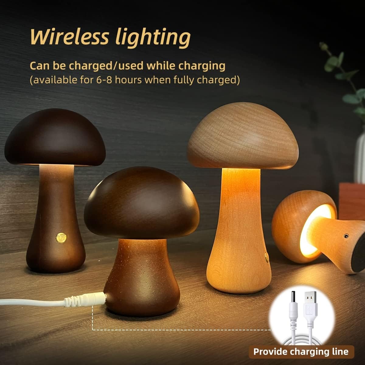 Kids' Mushroom Night Light and Lamp for Bedroom with Wooden Touch Control LED Bedside Table