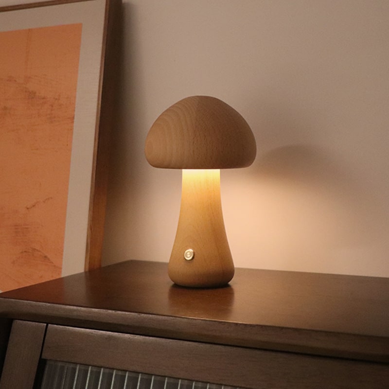 Kids' Mushroom Night Light and Lamp for Bedroom with Wooden Touch Control LED Bedside Table