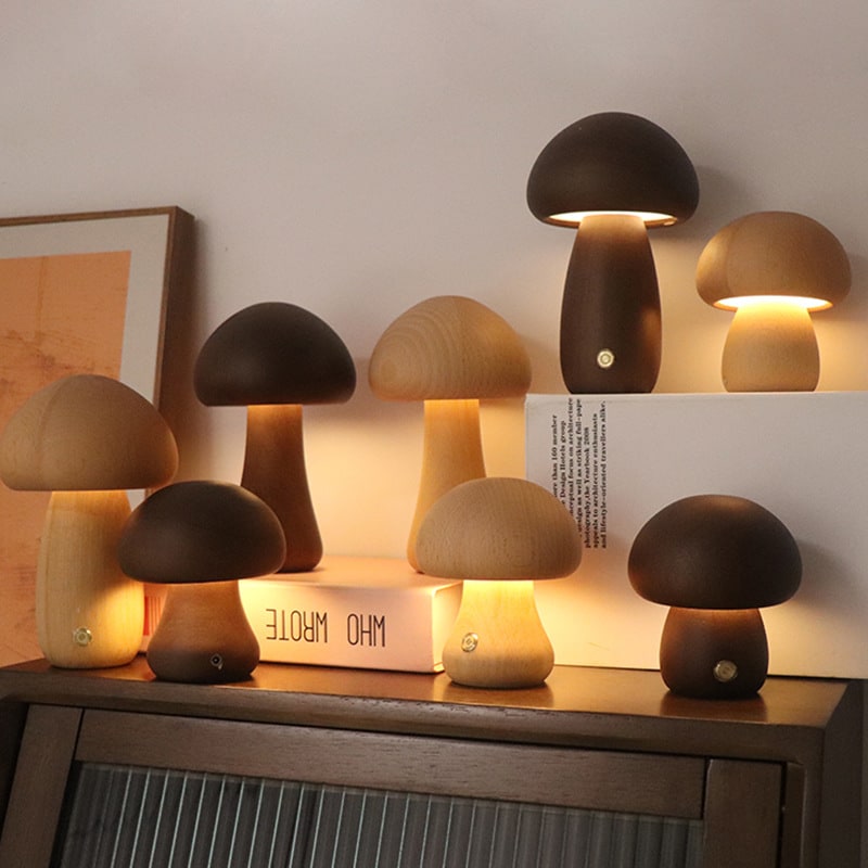 Kids' Mushroom Night Light and Lamp for Bedroom with Wooden Touch Control LED Bedside Table