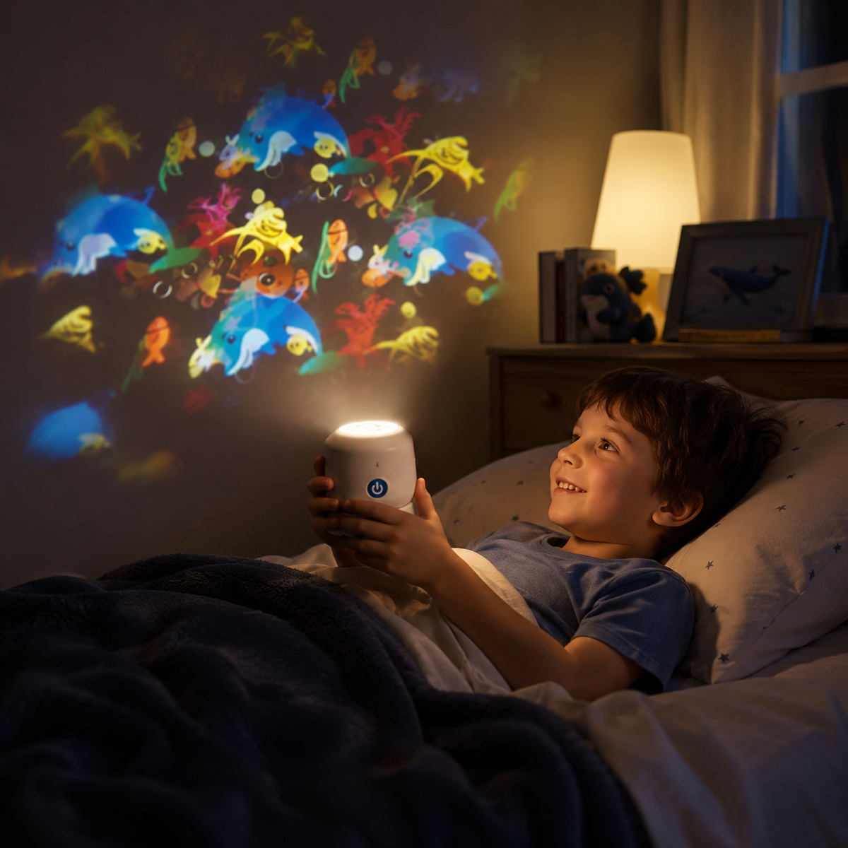 Kids Night Light Projector with Rotating Ocean and Star Patterns Tabletop Ceiling Projection