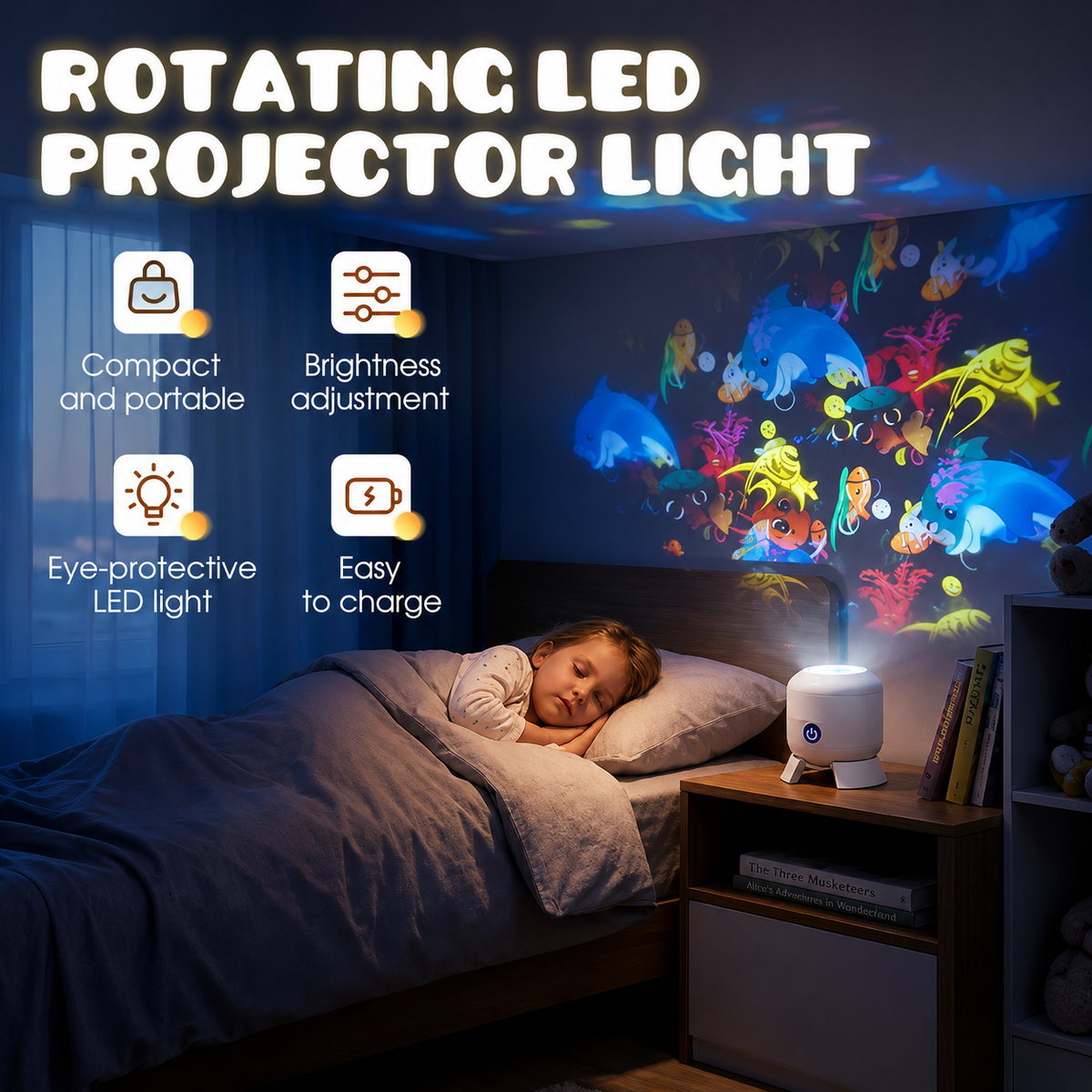 Kids Night Light Projector with Rotating Ocean and Star Patterns Tabletop Ceiling Projection