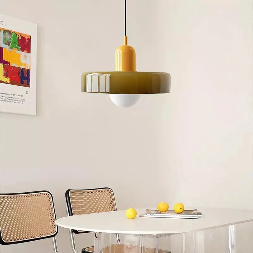 Kitchen Pendant Light Fixture with Adjustable Cord and Glass Disc Shade for Living Room