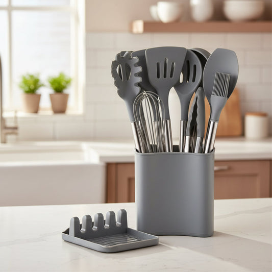 KITCHENORA – Complete Utensil Set with Silicone Heads & Wood-Style Handles