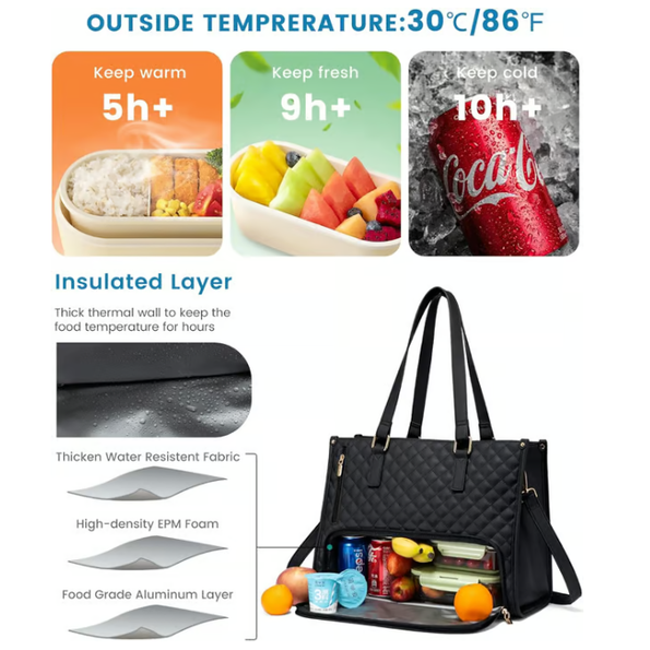 Laptop Tote Bag with Insulated Lunch Compartment Quilted Work