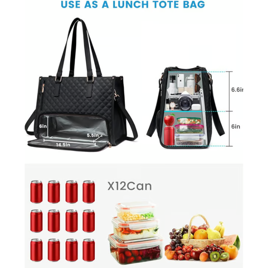Laptop Tote Bag with Insulated Lunch Compartment Quilted Work