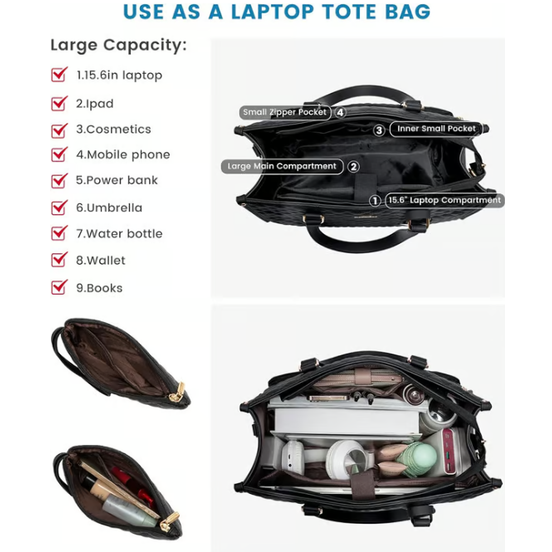 Laptop Tote Bag with Insulated Lunch Compartment Quilted Work