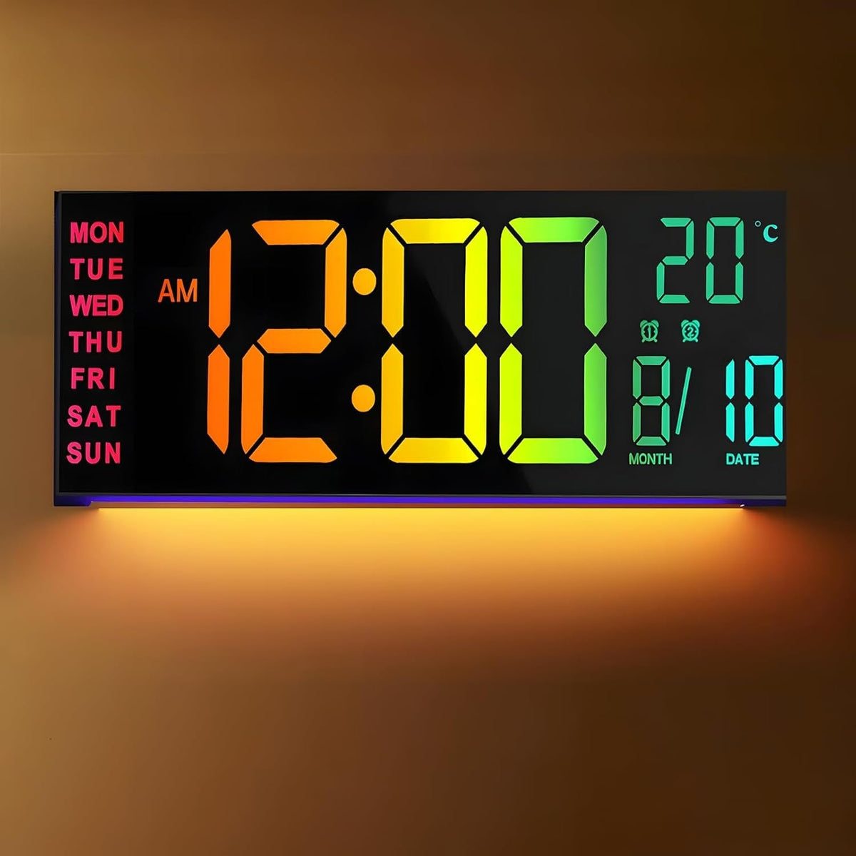 Large Digital Wall Clock with Rgb LED Display Nightlight and Dual Alarms Modern