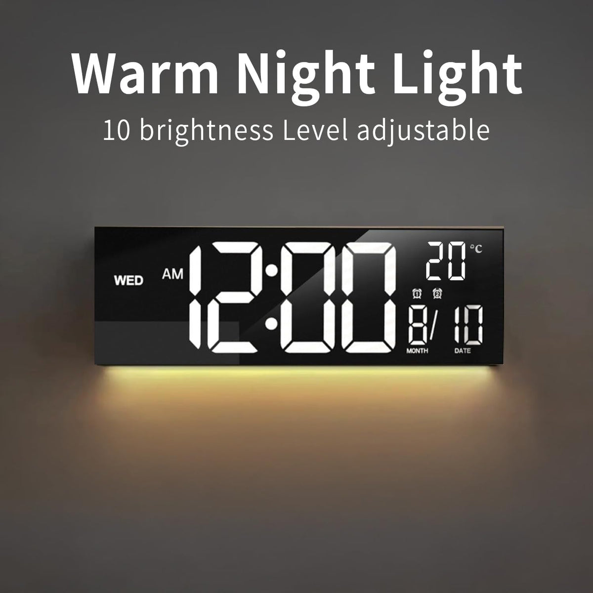 Large Digital Wall Clock with Rgb LED Display Nightlight and Dual Alarms Modern