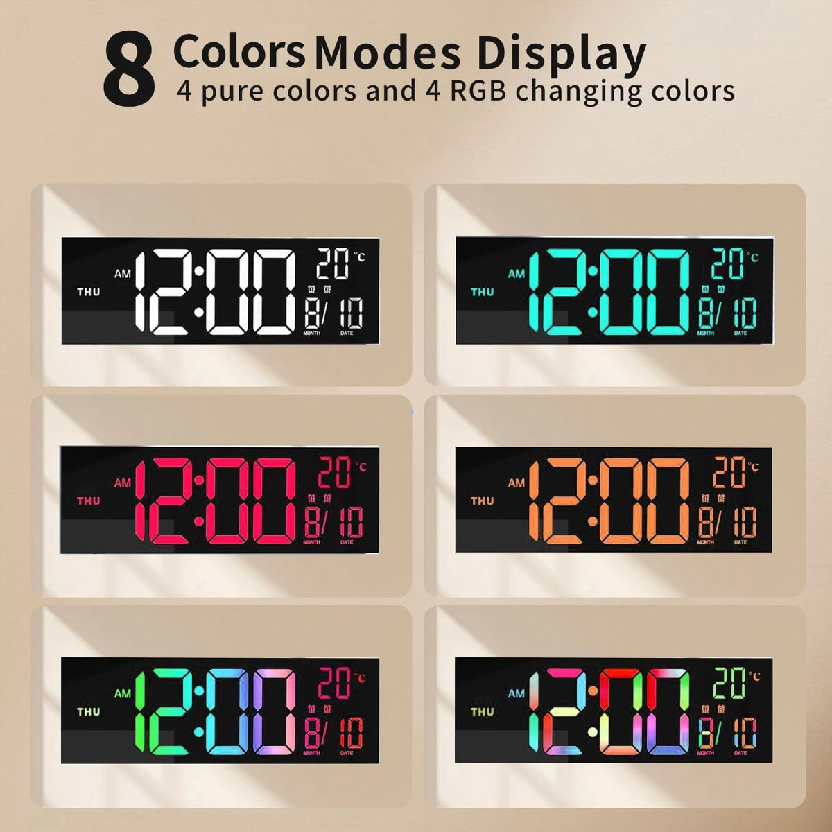 Large Digital Wall Clock with Rgb LED Display Nightlight and Dual Alarms Modern
