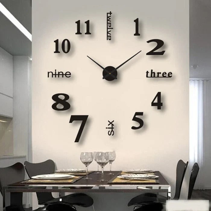 Large Long Wall Clock with 3D Adhesive Numbers and Minimalist Metal Hands Vintage