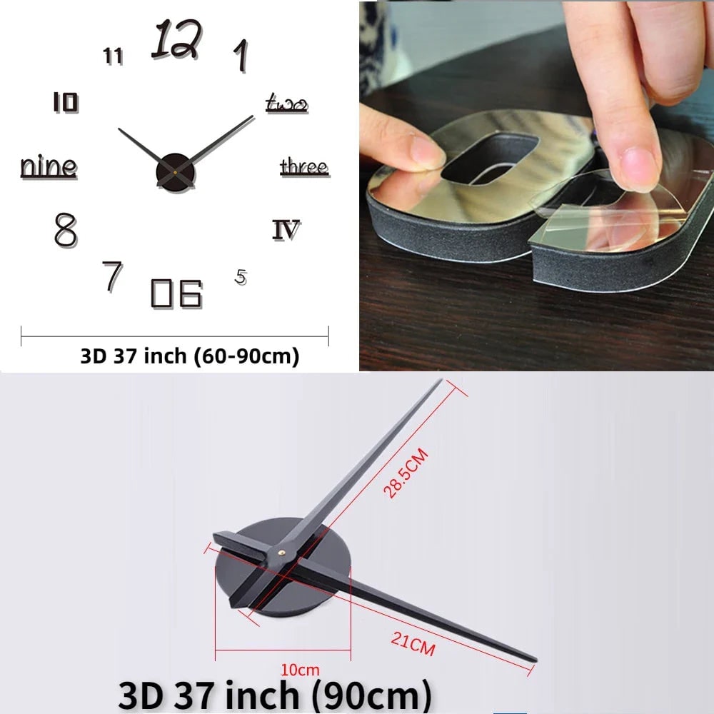 Large Long Wall Clock with 3D Adhesive Numbers and Minimalist Metal Hands Vintage
