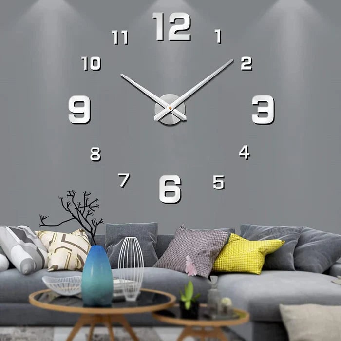 Large Long Wall Clock with 3D Adhesive Numbers and Minimalist Metal Hands Vintage