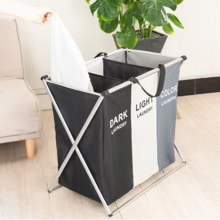 Laundry Basket Triple Collapsible Hamper with 3 Compartments and Aluminum X-Frame
