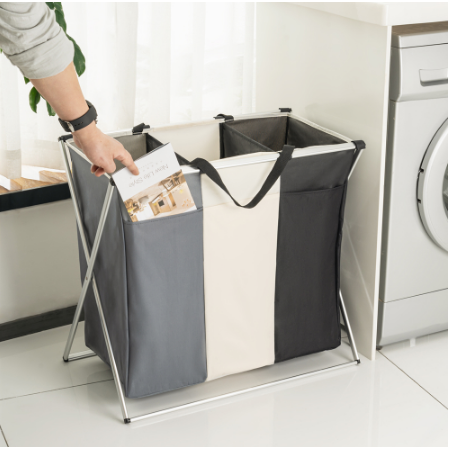 Laundry Basket Triple Collapsible Hamper with 3 Compartments and Aluminum X-Frame