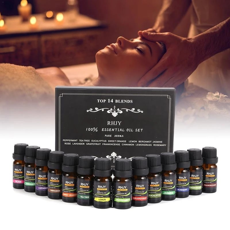 Lavender Essential Oil Set for Diffuser with Aroma 14-Bottle Amber Glass Kit