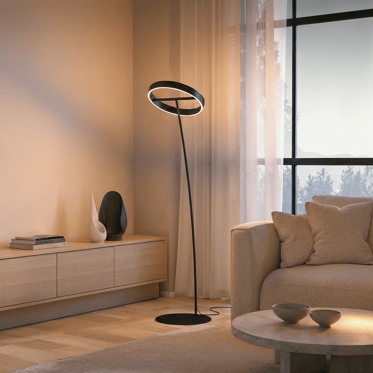 LED Floor Lamp with Adjustable Dimmable Ring Head and Remote Control Mid Century Modern