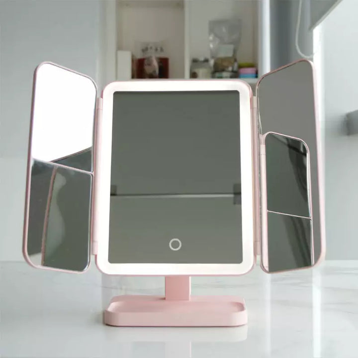 LED Foldable Makeup Mirror Adjustable Lights & Space-Saving Fold