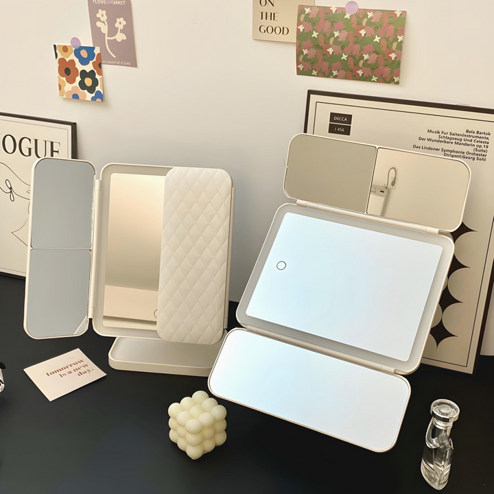 LED Foldable Makeup Mirror Adjustable Lights & Space-Saving Fold