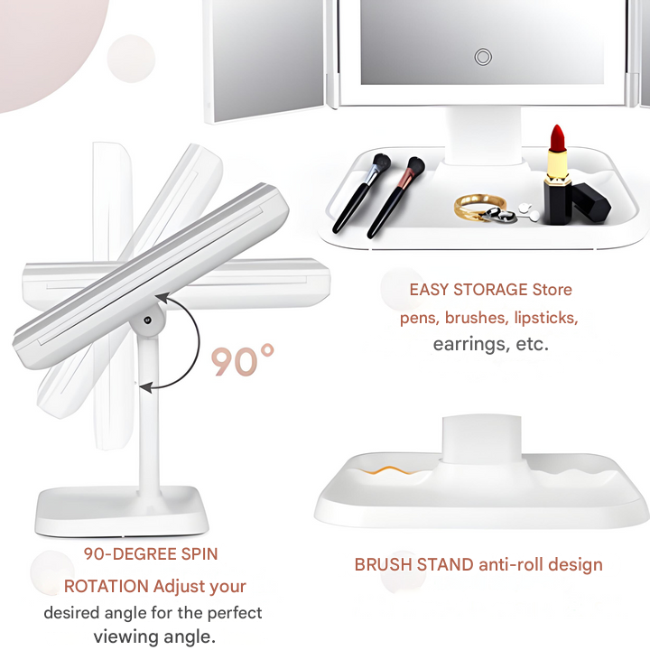 LED Foldable Makeup Mirror Adjustable Lights & Space-Saving Fold