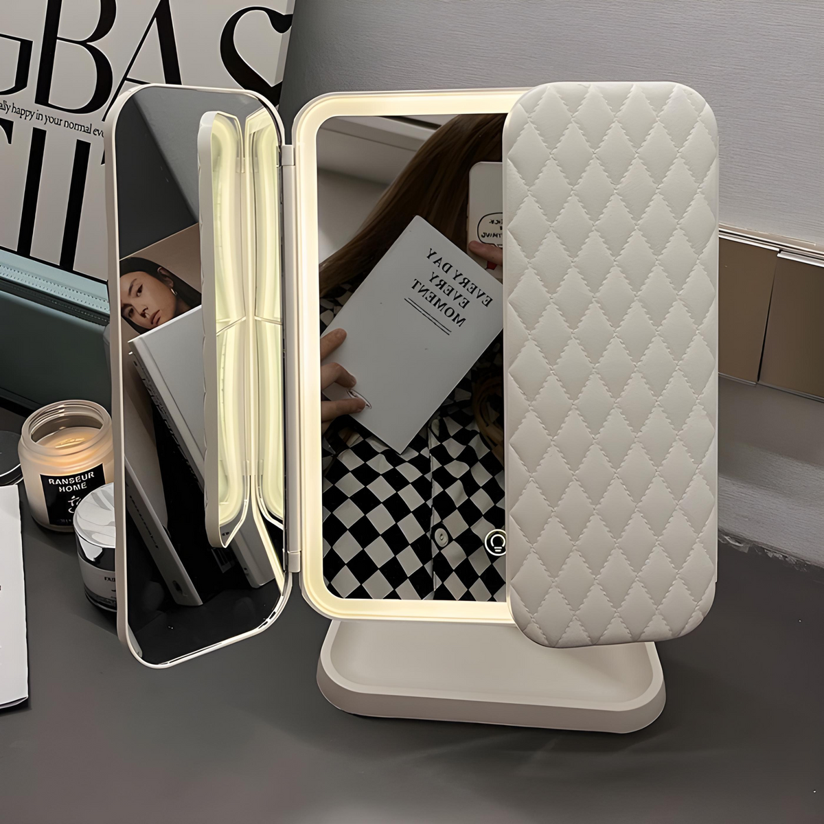 LED Foldable Makeup Mirror Adjustable Lights & Space-Saving Fold