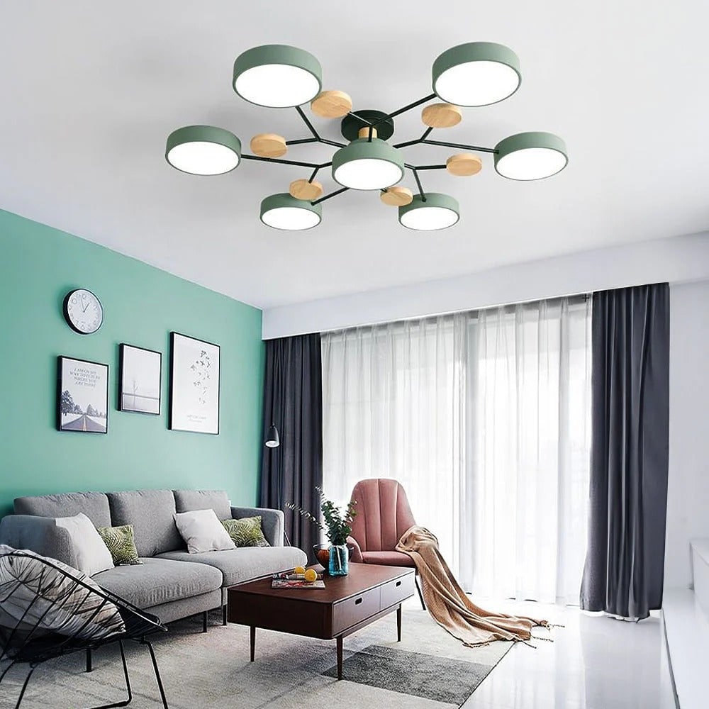 LED Semi Flush Ceiling Light Fixture with Modern Wood Accents for Kitchen Dining Room