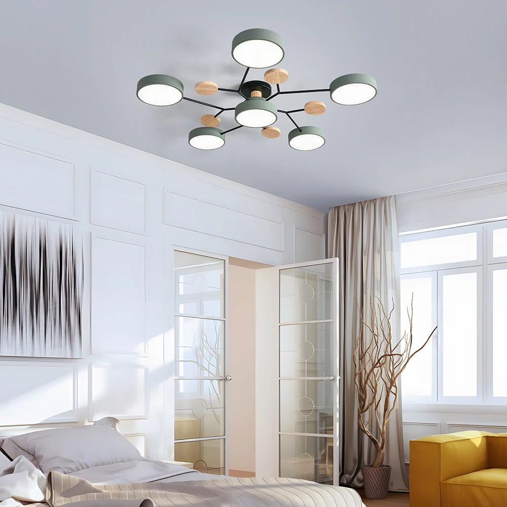 LED Semi Flush Ceiling Light Fixture with Modern Wood Accents for Kitchen Dining Room