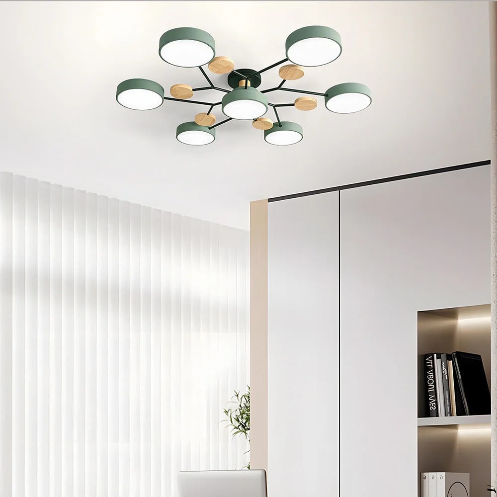 LED Semi Flush Ceiling Light Fixture with Modern Wood Accents for Kitchen Dining Room