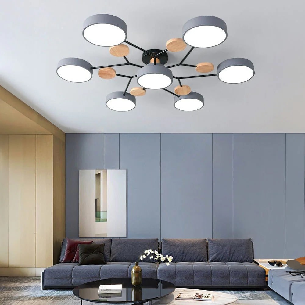 LED Semi Flush Ceiling Light Fixture with Modern Wood Accents for Kitchen Dining Room