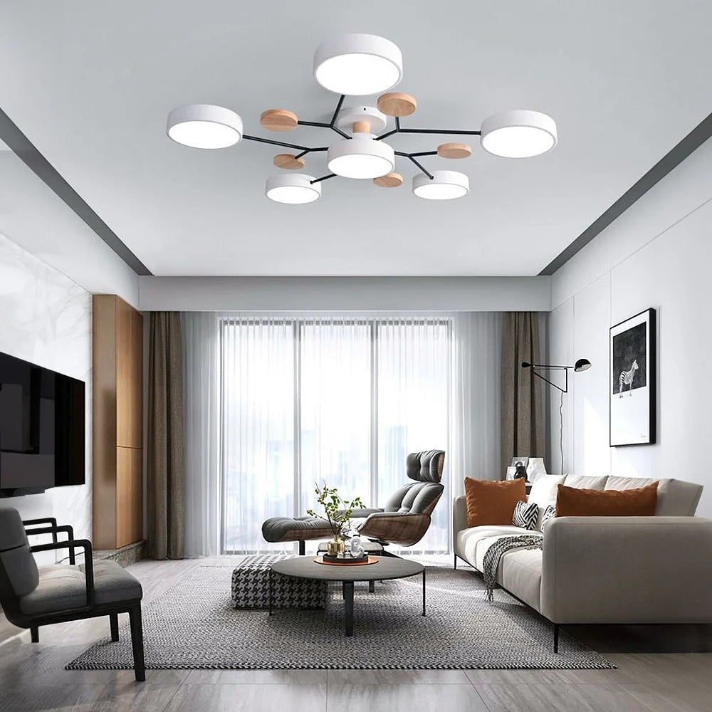 LED Semi Flush Ceiling Light Fixture with Modern Wood Accents for Kitchen Dining Room