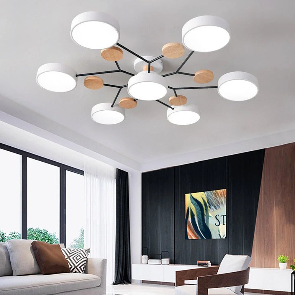 LED Semi Flush Ceiling Light Fixture with Modern Wood Accents for Kitchen Dining Room