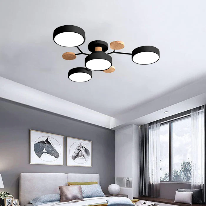 LED Semi Flush Ceiling Light Fixture with Modern Wood Accents for Kitchen Dining Room
