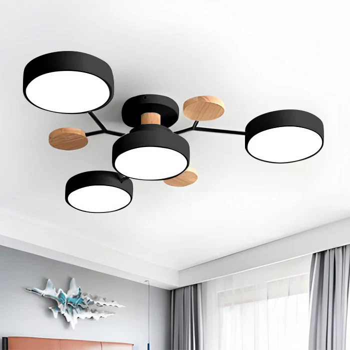 LED Semi Flush Ceiling Light Fixture with Modern Wood Accents for Kitchen Dining Room